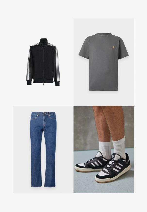 Czarna siateczkowa kurtka z zamkiem z przodu, z jednolitymi czarnymi rękawami i trzema białymi paskami wzdłuż ramion. Prążkowane mankiety i dół.; Szara koszulka z krótkim rękawem, wykonana z bawełny; posiada subtelne logo w odcieniach pomarańczowego i burgundowego na piersi. Podstawowy fason z okrągłym dekoltem.; Niebieskie dżinsy straight-leg z guzikowym zapięciem, szlufkami na pasek oraz pięcioma kieszeniami z subtelnymi detalami w stębnowaniu.; Czarno-białe sneakersy z zamszową i skórzaną cholewką, z trzema białymi paskami, perforowanym czubkiem i gumową podeszwą w kolorze gumy.