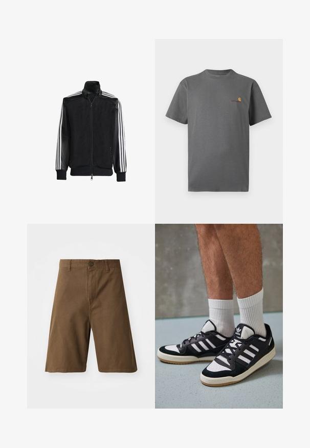 Schwarze Mesh-Jacke mit Reißverschluss vorne, die aus einem einfarbigen schwarzen Ärmeln und drei weißen Streifen an den Armen besteht. Gerippte Bündchen und Saum.; Graues T-Shirt mit kurzen Ärmeln aus Baumwolle; verfügt über ein dezentes Logo in Orange und Burgunderrot auf der Brust. Einfaches Rundhalsausschnitt-Design.; Braune Baumwollshorts mit geradem Schnitt, mit einem Knopfverschluss vorne, Gürtelschlaufen und Seitentaschen. Glatte Textur und saubere Nähte.; Schwarz-weiße Sneaker mit einem Obermaterial aus Wildleder und Leder, ausgestattet mit drei weißen Streifen, einer perforierten Zehenpartie und einer Sohle aus Gummi.