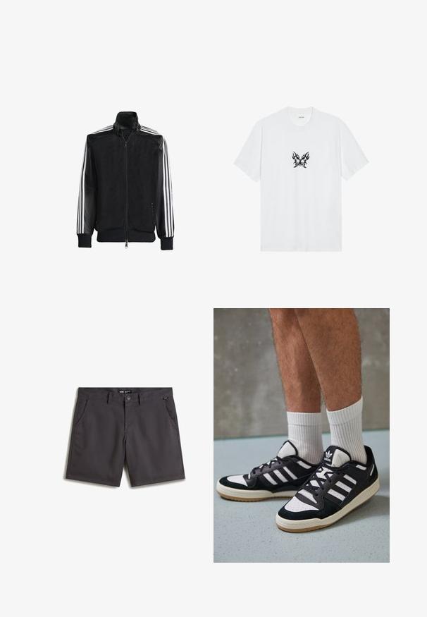 Czarna siateczkowa kurtka z zamkiem z przodu, z jednolitymi czarnymi rękawami i trzema białymi paskami wzdłuż ramion. Prążkowane mankiety i dół.; Biała bawełniana koszulka z krótkimi rękawami i okrągłym dekoltem. Zawiera centralny czarny graficzny wzór motyla w kształcie płomienia. Gładka faktura.; Szare szorty wykonane z gładkiej bawełny, z dwoma przednimi kieszeniami, zapięciem na guziki i płaskim przodem. Bez widocznych wzorów ani akcentów.; Czarno-białe sneakersy z zamszową i skórzaną cholewką, z trzema białymi paskami, perforowanym czubkiem i gumową podeszwą w kolorze gumy.