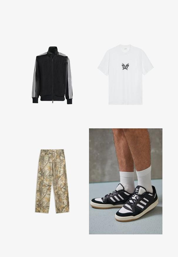 Czarna siateczkowa kurtka z zamkiem z przodu, z jednolitymi czarnymi rękawami i trzema białymi paskami wzdłuż ramion. Prążkowane mankiety i dół.; Biała bawełniana koszulka z krótkimi rękawami i okrągłym dekoltem. Zawiera centralny czarny graficzny wzór motyla w kształcie płomienia. Gładka faktura.; Spodnie w kamuflażu z wielotonowym zielonym i brązowym liściastym wzorem, z klasycznym pięciokomorowym krojem i luźnym fasonem.; Czarno-białe sneakersy z zamszową i skórzaną cholewką, z trzema białymi paskami, perforowanym czubkiem i gumową podeszwą w kolorze gumy.