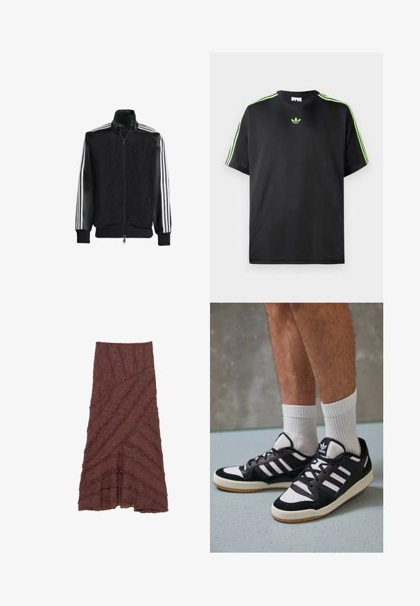 Sort meshjakke med lynlås foran, med ensfarvede sorte ærmer og tre hvide striber langs armene. Ribbet manchetter og kant.; Sort T-shirt lavet af glat stof med rund halsudskæring, der har tre grønne striber på skuldrene og et lille grønt logo på brystet.; Brun tekstureret nederdel med et lagdelt, bølget design og diagonale mønstre, der har volangdetaljer langs kanterne og en udvidet silhuet.; Sorte og hvide sneakers med en overdel i ruskind og læder, der har tre hvide striber, en perforeret tå og en sål i gummigummi.