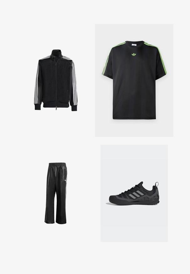 Sort meshjakke med lynlås foran, med ensfarvede sorte ærmer og tre hvide striber langs armene. Ribbet manchetter og kant.; Sort T-shirt lavet af glat stof med rund halsudskæring, der har tre grønne striber på skuldrene og et lille grønt logo på brystet.; Sorte syntetiske træningsbukser med elastisk talje, prydet med hvide side-striber og et lille hvidt logo på venstre hofte.; Sorte atletiske sko med meshnederdel, gummitåspids, grå Adidas-striber og tekstureret sål for forbedret greb.