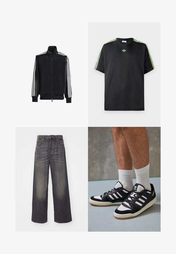 Fekete hálós dzseki, elöl cipzárral, amelynek egyszínű fekete ujjai és három fehér csíkja van a karokon. Rugalmas mandzsetták és derék.; Fekete póló sima anyagból, kerek nyakkivágással, három zöld csíkkal a vállakon és egy kis zöld logóval a mellkason.; Bő szárú, magas derékú farmernadrág halvány fekete denim anyagból. Öt zseb és fém kiegészítők találhatóak rajta. Simább textúra finom dörzsöléses részletekkel.; Fekete-fehér tornacipők velúr és bőr felsőrésszel, három fehér csíkkal, perforált orral és gumi talppal.