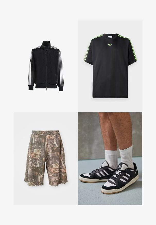 Juodas permatomas džemperis su užtrauktuku priekyje, turintis vientisas juodas rankoves ir tris baltas juostas ant rankų. Raukšlėtos rankogaliai ir apatinė dalis.; Juodas marškinėliai, pagaminti iš lygios medžiagos, su apykakle, turinčia tris žalias juosteles ant pečių ir mažą žalią logotipą ant krūtinės.; Kamo rašto šortai su elastinga juosta, kuriuose dera žalios, rudos ir smėlinės spalvos, su nusidėvėjusiu kraštu, suteikiančiu šiurkštų įvaizdį.; Juodos ir baltos sportinės bateliai su zomšiniu ir odiniu viršumi, su trimis baltomis juostelėmis, perforuota koja ir guminėmis padais.