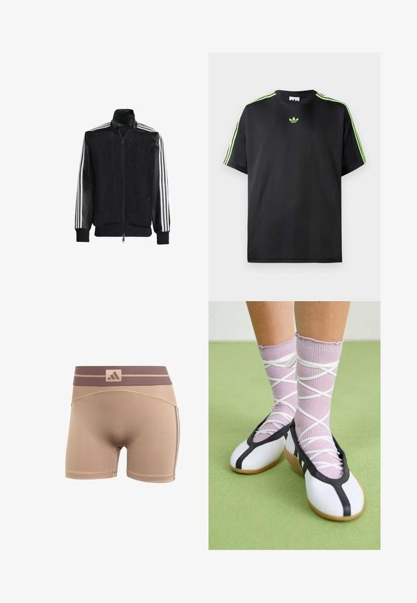 Zwarte maillotjas met een rits aan de voorkant, met stevige zwarte mouwen en drie witte strepen langs de armen. Geribbelde manchetten en zoom.; Zwarte T-shirt van gladde stof met een ronde halslijn, voorzien van drie groene strepen op de schouders en een klein groen logo op de borst.; adidas Performance HYPERGLAM - Tights - chalky brown earth strata; Witte platte schoenen met een zwarte bies en zool, gecombineerd met lichtpaarse geribde sokken met witte kruislings banden. Geplaatst op een groene achtergrond.