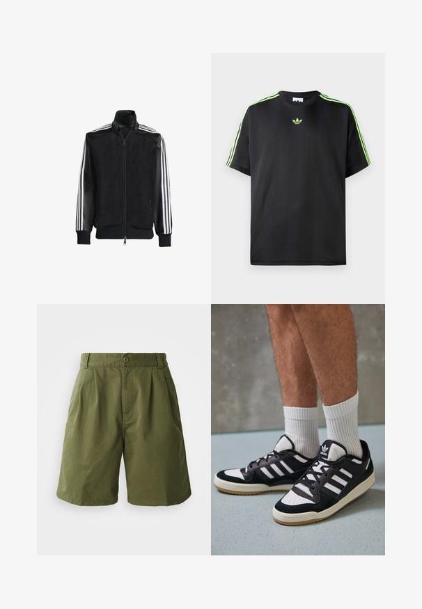 Schwarze Mesh-Jacke mit Reißverschluss vorne, die aus einem einfarbigen schwarzen Ärmeln und drei weißen Streifen an den Armen besteht. Gerippte Bündchen und Saum.; Schwarzes T-Shirt aus glattem Stoff mit Rundhalsausschnitt, das drei grüne Streifen auf den Schultern und ein kleines grünes Logo auf der Brust zeigt.; Olivgrüne Shorts aus leichtem Material, mit gefaltetem Vorderteil, Knopfverschluss und Seitentaschen, im geraden Schnitt.; Schwarz-weiße Sneaker mit einem Obermaterial aus Wildleder und Leder, ausgestattet mit drei weißen Streifen, einer perforierten Zehenpartie und einer Sohle aus Gummi.