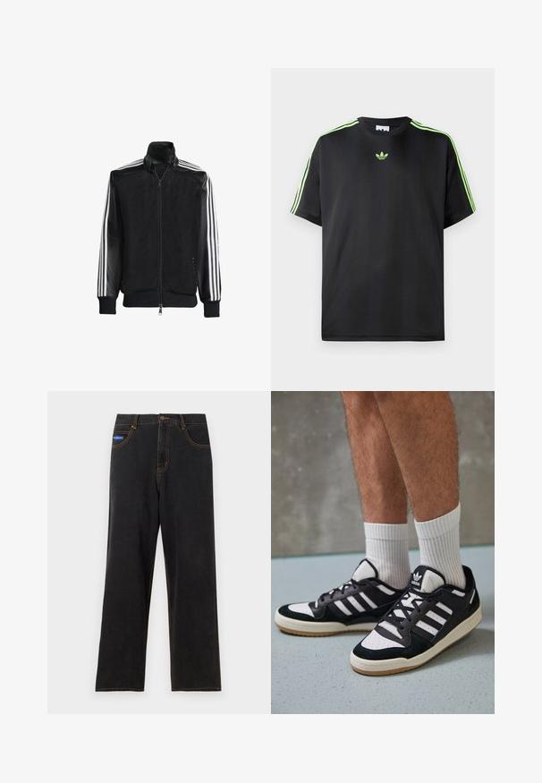 Svart mesh-jakke med glidelås foran, med solide svarte ermer og tre hvite striper langs armene. Ribbestrikkede mansjetter og nederkant.; Svart t-skjorte laget av glatt stoff med rund hals, med tre grønne striper på skuldrene og en liten grønn logo på brystet.; Sorte denim bukser med rette ben, kontrasterende orange stikninger, fem lommer og knaplukning. Har et lite blått merke.; Sorte og hvite sneakers med overdel i semsket skinn og lær, med tre hvite striper, perforert tå og en såle av gummi.