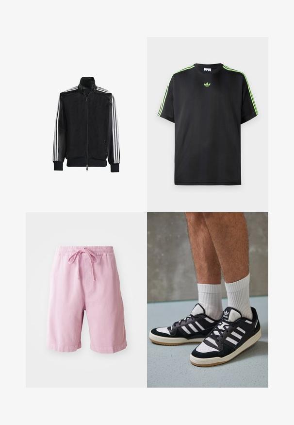 Czarna siateczkowa kurtka z zamkiem z przodu, z jednolitymi czarnymi rękawami i trzema białymi paskami wzdłuż ramion. Prążkowane mankiety i dół.; Czarna koszulka z gładkiego materiału z okrągłym dekoltem, z trzema zielonymi paskami na ramionach i małym zielonym logo na piersi.; Jasnoróżowe szorty wykonane z bawełny, z elastycznym pasem i sznurkiem do regulacji, o prostym kroju nogawek z podszytymi detalami.; Czarno-białe sneakersy z zamszową i skórzaną cholewką, z trzema białymi paskami, perforowanym czubkiem i gumową podeszwą w kolorze gumy.