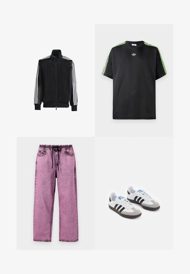 Must mustriga jope, millel on lukuga eesosa, ning mustad varrukad ja kolm valget triipu varrukate ääres. Ribaelastne mansett ja allääre.; Mustade särk, mis on valmistatud siledast kangast, ümmarguse kaelusega, millel on kolm roheline triipu õlgadel ja väike roheline logo rinnal.; Roosa denimpüksid elastse vöökohtade ja nööriga, küljetaskutega ja vabalt istuva lõikega. Ühtlane kulunud tekstuur.; Spordijalatsid valge nahkpealsega, halli nubuk-naha otsaga ja kolme musta triibuga. Omab sinist logo keele peal ja struktureeritud kummitalda.