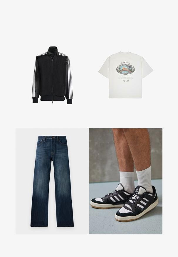 Crna mrežasta jakna s patentnim zatvaračem sprijeda, koja ima čvrste crne rukave i tri bijele pruge duž ruku. Riblje manžetne i rub.; Bijela majica s kratkim rukavima koja sadrži šareni grafički prikaz prizora odmarališta s palmama, obrubljenim crnom bojom, s dekorativnim tekstom ispod.; Tamno plave traperice ravnog kroja, s laganom teksturom, petljama za remen i klasičnim dizajnom s pet džepova.; Crne i bijele tenisice s gornjim dijelom od antilopa i kože, s tri bijele pruge, perforiranim prstom i gumiranim potplatom.