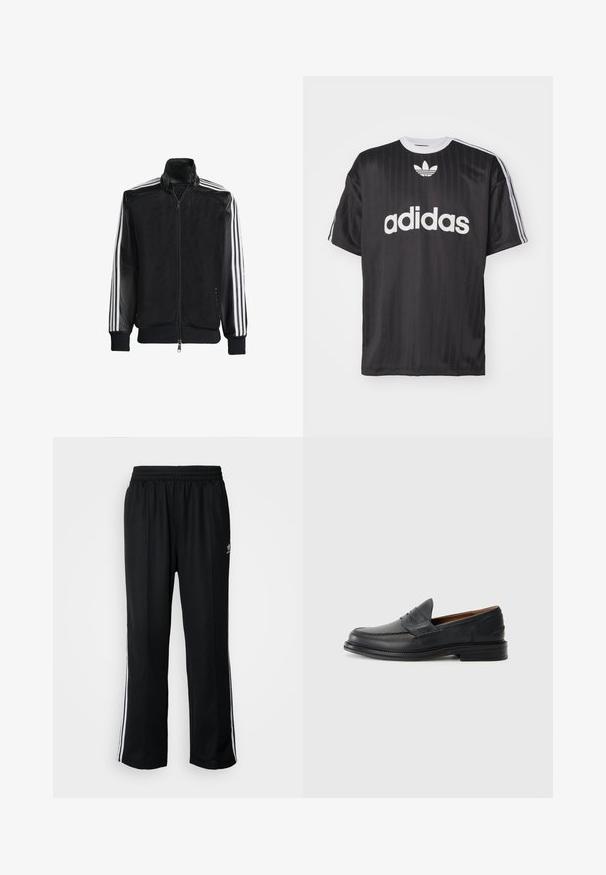 Veste en maille noire avec fermeture éclair à l'avant, présentant des manches noires unies et trois rayures blanches le long des bras. Poignets et ourlet côtelés.; T-shirt noir à manches courtes avec le logo "adidas" blanc et trois bandes sur chaque épaule. Fabriqué en matériau lisse et léger avec un col rond.; Pantalons de sport noirs avec une taille élastique, ornés de rayures blanches sur les côtés et d'un petit logo. Le matériau semble doux et léger.; Mocassins en cuir noir avec un design cousu, bout arrondi, petit talon empilé et style slip-on. Texture lisse avec une légère brillance.