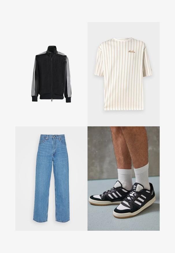 Jaqueta de malha preta com fecho zip, apresentando mangas pretas sólidas e três riscas brancas ao longo dos braços. Punhos e bainha canelados.; T-shirt de manga curta na cor creme com finas riscas verticais castanhas e logótipo "New Era" bordado em castanho no peito.; Jeans de denim azul claro com uma cintura alta e um corte largo. Inclui cinco bolsos, fecho com botão de metal e bainha reta.; Ténis em preto e branco com upper em camurça e couro, apresentando três riscas brancas, um toe perfurado e uma sola em borracha de goma.