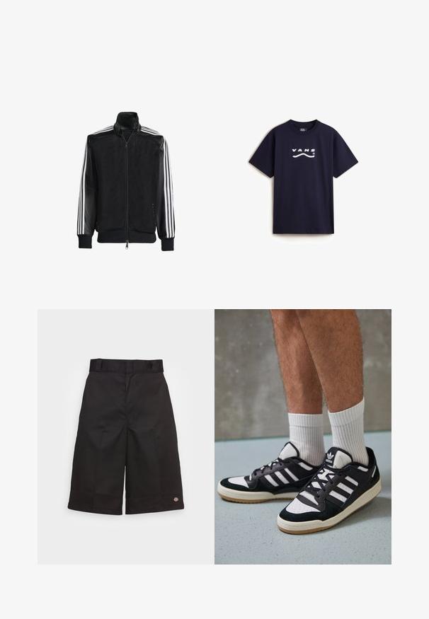 Černá síťovaná bunda na zip, s celými černými rukávy a třemi bílými pruhy podél rukávů. Hladké manžety a lem.; Námořnická modrá bavlněná tričko s krátkým rukávem, na přední straně s bílým logem Vans a grafickým motivem vlny. Klasický střih s kulatým výstřihem.; Černé bavlněné šortky s rovnými nohavicemi, délka po kolena, s viditelným logem značky na lemu a hladkou texturou.; Černobílé tenisky s vrchní částí z semišové a kožené kůže, včetně tří bílých pruhů, perforovaného špičky a podrážky z gumy.