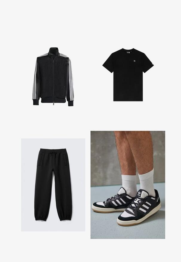 Schwarze Mesh-Jacke mit Reißverschluss vorne, die aus einem einfarbigen schwarzen Ärmeln und drei weißen Streifen an den Armen besteht. Gerippte Bündchen und Saum.; Schwarzes Baumwoll-T-Shirt mit Rundhalsausschnitt und kurzen Ärmeln, mit einem kleinen weißen Logo auf der linken Brust und ohne zusätzliche Muster oder Akzente.; Schwarze Jogginghose mit einem Kordelzugbund, elastischen Bündchen und zwei Seitentaschen. Hergestellt aus weichem Material mit glatter Textur.; Schwarz-weiße Sneaker mit einem Obermaterial aus Wildleder und Leder, ausgestattet mit drei weißen Streifen, einer perforierten Zehenpartie und einer Sohle aus Gummi.