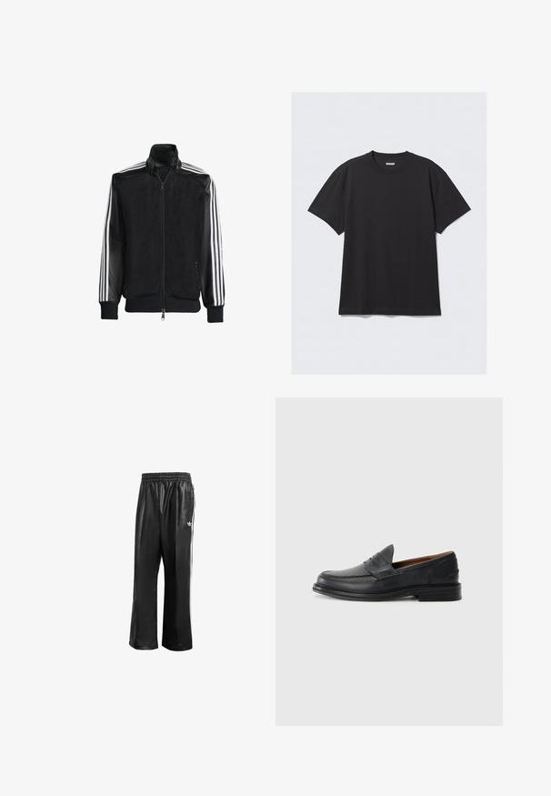 Zwarte maillotjas met een rits aan de voorkant, met stevige zwarte mouwen en drie witte strepen langs de armen. Geribbelde manchetten en zoom.; Zwarte korte mouwen T-shirt van katoen. Kenmerkt zich door een ronde halslijn en een ontspannen pasvorm. Eenvoudig ontwerp zonder zichtbare patronen of accenten.; Zwarte synthetische trainingsbroek met een elastische tailleband, voorzien van witte zijstrepen en een klein wit logo op de linkse heup.; Zwarte leren instappers met een gestikt ontwerp, ronde neus, lage gestapelde hak en slip-on stijl. Gladde textuur met een lichte glans.