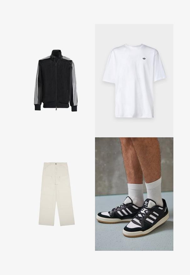 Schwarze Mesh-Jacke mit Reißverschluss vorne, die aus einem einfarbigen schwarzen Ärmeln und drei weißen Streifen an den Armen besteht. Gerippte Bündchen und Saum.; Weißes Baumwoll-T-Shirt mit Rundhalsausschnitt und kurzen Ärmeln, mit einem kleinen schwarzen Adidas-Logo auf der Brust.; Helle beigefarbene weite Hose aus Baumwolle mit Fronttaschen, einem Ein-Knopf-Verschluss und sichtbaren Nähtsdetails.; Schwarz-weiße Sneaker mit einem Obermaterial aus Wildleder und Leder, ausgestattet mit drei weißen Streifen, einer perforierten Zehenpartie und einer Sohle aus Gummi.