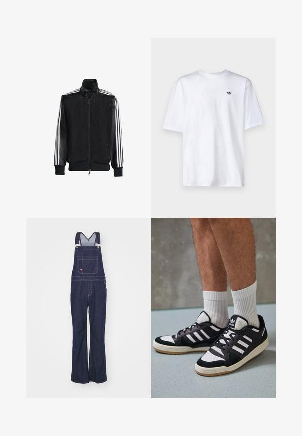 Jaqueta de malha preta com fecho zip, apresentando mangas pretas sólidas e três riscas brancas ao longo dos braços. Punhos e bainha canelados.; Camiseta branca de algodão com decote redondo e mangas curtas, apresentando um pequeno logótipo preto da Adidas no peito.; Dickies CLASSIC - Calças de ganga de perna direita - rinsed; Ténis em preto e branco com upper em camurça e couro, apresentando três riscas brancas, um toe perfurado e uma sola em borracha de goma.