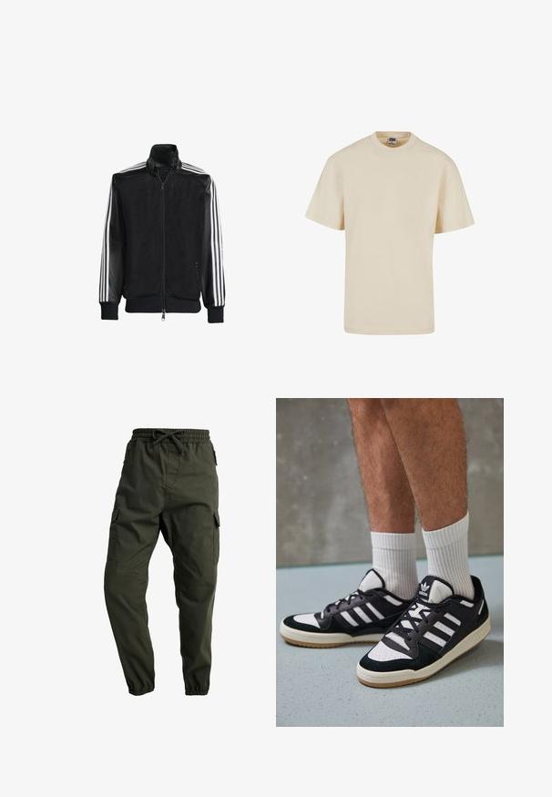 Juodas permatomas džemperis su užtrauktuku priekyje, turintis vientisas juodas rankoves ir tris baltas juostas ant rankų. Raukšlėtos rankogaliai ir apatinė dalis.; Bežinė medvilninė marškinė su apvalia iškirpte ir trumpomis rankovėmis, pasižyminti laisvu siluetu ir minimaliais siūlių akcentais. Kasdienis ir universalus dizainas.; Carhartt WIP JOGGER COLUMBIA - Kareiviško stiliaus kelnės - cypress rinsed; Juodos ir baltos sportinės bateliai su zomšiniu ir odiniu viršumi, su trimis baltomis juostelėmis, perforuota koja ir guminėmis padais.