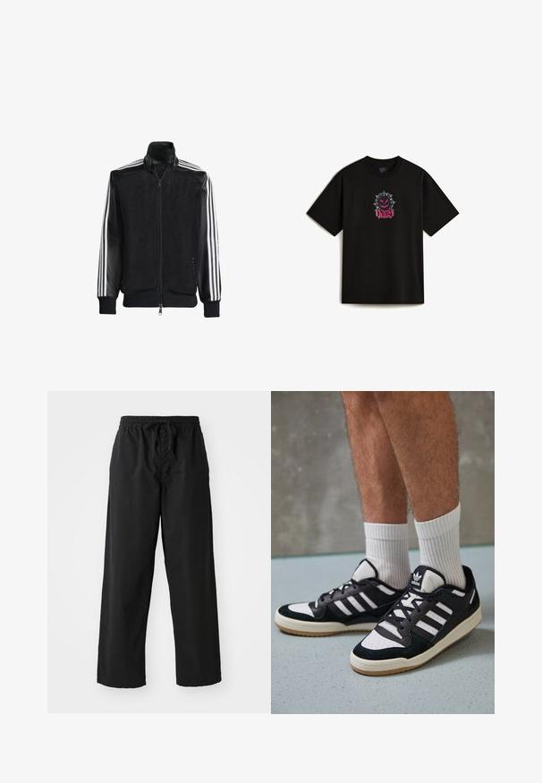 Musta verkkomantteli, jossa on vetoketjulla suljettava etuosa, mustat hihat ja kolme valkoista raitaa käsivarsilla. Ribbaatut hihansuut ja helma.; Musta puuvillapaita, jossa on etuosassa graafinen suunnittelu, jossa on piikikäs sarjakuvahahmo ja sana "VANS" pinkillä käsinkirjoitetulla fontilla. Lyhyet hihat.; Mustat leveälahkeiset housut, jotka on valmistettu pehmeästä kankaasta, jossa on joustava vyötärö ja säädettävä nauha. Housuissa on sileä pinta, eikä niissä ole näkyviä kuvioita.; Valkoiset ja mustat tennarit, joissa on mokkanahka- ja nahkapäällinen, kolme valkoista raitaa, rei'itetty kärki ja kumipohja.