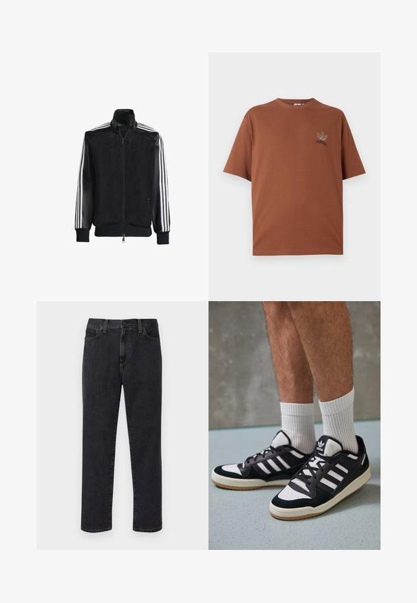 Melna režģa jakas ar rāvējslēdzēja priekšpusi, kam ir viendabīgas melnas piedurknes un trīs baltas svītras gar rokām. Ribota aproce un apakša.; Brūns kokvilnas T-krekls ar brīvu piegriezumu, apaļu kakla izgriezumu un īsām piedurknēm; uz krūtīm ir melns izšuvums Adidas logotips.; Melni taisnas kājas džinsi ar priekšējiem kabatām, jostas cilpām un pogu aizdari, attēloti uz balta fona.; Melnas un baltas kedas ar zamša un ādas augšdaļu, kas aprīkotas ar trim baltām svītrām, perforētu purngali un gumijas zolēm.