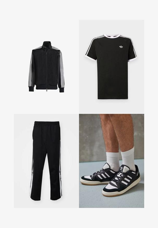 Černá síťovaná bunda na zip, s celými černými rukávy a třemi bílými pruhy podél rukávů. Hladké manžety a lem.; Černé tričko vyrobené z bavlny s bílými akcenty. Má krátké rukávy, raglánový střih a malé logo na hrudi. Tři bílé pruhy na ramenou.; Černé sportovní kalhoty z hladkého materiálu, s bílými bočními pruhy a elastickým pasem pro pohodlí. Bez výrazných detailů nebo vzorů.; Černobílé tenisky s vrchní částí z semišové a kožené kůže, včetně tří bílých pruhů, perforovaného špičky a podrážky z gumy.