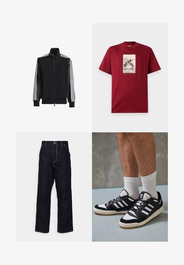 Svart mesh-jakke med glidelås foran, med solide svarte ermer og tre hvite striper langs armene. Ribbestrikkede mansjetter og nederkant.; Burgunderfarget bomull T-skjorte med svart-hvitt grafisk trykk av lekne hunder med teksten "Alt arbeid og ingen lek" nedenfor. Korte ermer.; Svart denimjeans med rett ben-design, kontrasterende hvit søm, knappelukking og to frontlommer.; Sorte og hvite sneakers med overdel i semsket skinn og lær, med tre hvite striper, perforert tå og en såle av gummi.