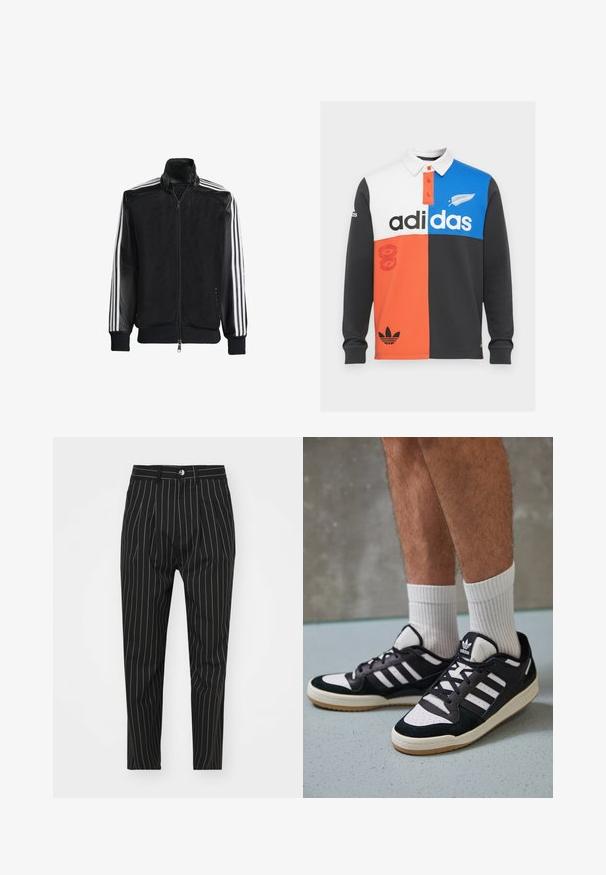 Černá síťovaná bunda na zip, s celými černými rukávy a třemi bílými pruhy podél rukávů. Hladké manžety a lem.; Polo tričko s dlouhým rukávem v barevném bloku v černé, bílé, oranžové a modré barvě, s límečkem, knoflíkovou légou a výrazným brandingem Adidas.; Černé pruhované kalhoty s přiléhavým střihem, se zapínáním na knoflík vpředu, poutky na opasek a hladkou texturou látky.; Černobílé tenisky s vrchní částí z semišové a kožené kůže, včetně tří bílých pruhů, perforovaného špičky a podrážky z gumy.