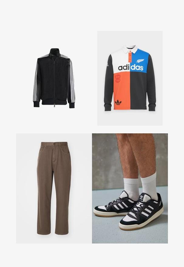Črna mrežasta jakna z zadrgo spredaj, s trdnimi črnimi rokavi in tremi belimi črtami vzdolž rokavov. Rebrasti robovi in spodnji del.; Barvni blokirani dolgi rokav polo majica v črni, beli, oranžni in modri barvi, z ovratnikom, gumbnim zapiranjem in opaznim Adidasovim logotipom.; Rjave bombažne hlače z ravnim krojem, ki vključujejo dva sprednja žepa, zadrgo in gumbasto zapiranje.; Črno-bele superge z zgornjim delom iz usnja in nubuka, ki imajo tri bele črte, perforiran vrh prstov in podplat iz gume.