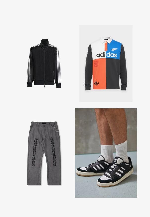 Svart nätjacka med dragkedja framtill, med enfärgade svarta ärmar och tre vita ränder längs armarna. Ribbstickade manschetter och nederkant.; Färgbelagd långärmad polo i svart, vitt, orange och blått, med krage, knappslå och framträdande Adidas-logotyp.; Grårutiga byxor med svart textdetalj längs sidorna, med en kedjeaccent vid midjan. Rak bendesign, texturerad tyg.; Svartvita sneakers med ovandel i mocka och läder, med tre vita ränder, perforerad tå och sula av gummigummi.