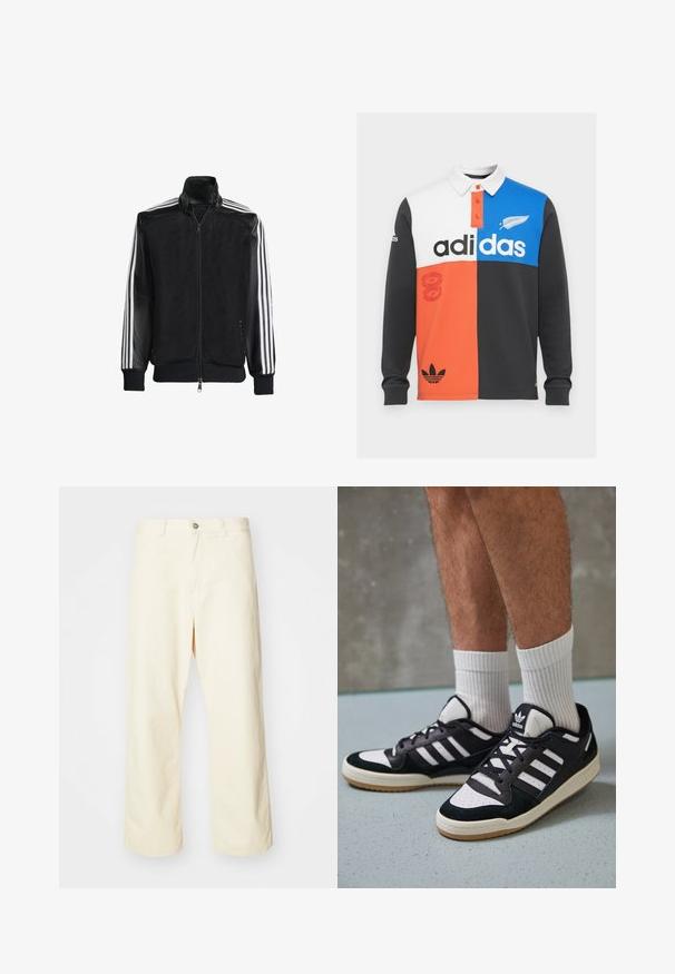 Juodas permatomas džemperis su užtrauktuku priekyje, turintis vientisas juodas rankoves ir tris baltas juostas ant rankų. Raukšlėtos rankogaliai ir apatinė dalis.; Juodos, baltos, oranžinės ir mėlynos spalvų blokų ilgų rankovių polo marškiniai su apykakle, mygtukų užsegimu ir išskirtiniu Adidas ženklinimu.; Kreminės spalvos plačios kojinės kelnės, pagamintos iš medvilnės, su mygtuko užsegimu, diržo kilpos ir siūtu hemu. Lygus paviršius, be matomų raštų.; Juodos ir baltos sportinės bateliai su zomšiniu ir odiniu viršumi, su trimis baltomis juostelėmis, perforuota koja ir guminėmis padais.