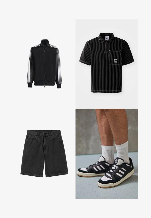 Jaqueta de malha preta com fecho zip, apresentando mangas pretas sólidas e três riscas brancas ao longo dos braços. Punhos e bainha canelados.; Camisa polo preta de manga curta com fecho zíper à frente, riscas verticais brancas, bolso no peito com pequeno logotipo e tecido texturizado.; Shorts de ganga pretos com corte reto, cinco bolsos e fecho de botão. Textura suave com desbotamento mínimo e detalhes de costura.; Ténis em preto e branco com upper em camurça e couro, apresentando três riscas brancas, um toe perfurado e uma sola em borracha de goma.