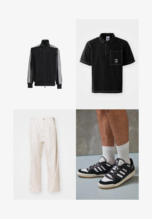 Zwarte maillotjas met een rits aan de voorkant, met stevige zwarte mouwen en drie witte strepen langs de armen. Geribbelde manchetten en zoom.; Zwart poloshirt met korte mouwen en een rits aan de voorkant, witte verticale strepen, borstzak met klein logo en een gestructureerde stof.; Beige gestreepte broek met een relaxte pasvorm, voorzien van verticale bronzen strepen, een sluiting met knoop aan de voorkant en zijzakken.; Zwart-witte sneakers met een bovenwerk van suede en leer, voorzien van drie witte strepen, een geperforeerde neus en een rubberen gumzool.