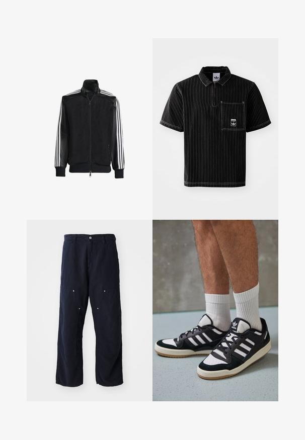 Svart mesh-jakke med glidelås foran, med solide svarte ermer og tre hvite striper langs armene. Ribbestrikkede mansjetter og nederkant.; Svart kortermet polo med frontglidelås, hvite vertikale striper, brystlomme med lite logo og strukturert stoff.; Mørkeblå vide bukser laget av bomull med en teksturert overflate. Har to frontlommer med knappdetaljer og en frontlukking med knapp.; Sorte og hvite sneakers med overdel i semsket skinn og lær, med tre hvite striper, perforert tå og en såle av gummi.