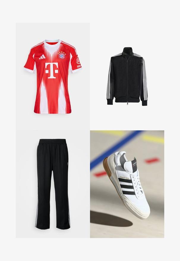 Juodas permatomas džemperis su užtrauktuku priekyje, turintis vientisas juodas rankoves ir tris baltas juostas ant rankų. Raukšlėtos rankogaliai ir apatinė dalis.; Raudona ir balta futbolo marškinėliai su gradientiniu dizainu, lengvas audinys, apvalus kaklas, trys juostelės ant pečių, logotipai ir penkios žvaigždės.; Juodi sportiniai keliai su elastingu juosmeniu, su baltais šonais ir mažu logotipu. Atrodo, kad medžiaga yra minkšta ir lengva.; Balti Adidas Mundial Goal sportiniai batai su juodomis juostelėmis ir guminiu padu, pavaizduoti ore virš sporto aikštelės grindų su spalvotomis linijomis.
