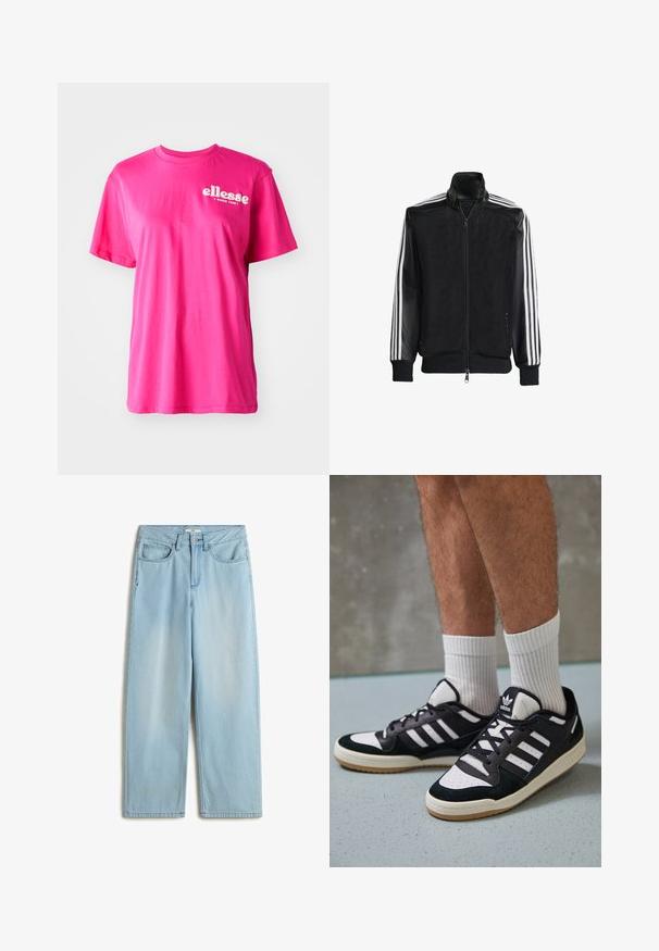 Chaqueta de malla negra con cierre de cremallera en la parte delantera, que presenta mangas negras sólidas y tres rayas blancas a lo largo de los brazos. Puños y dobladillo acanalados.; Camiseta de manga corta de color rosa brillante con cuello redondo, corte relajado y logo blanco de "ellesse" en la parte frontal. Fabricada en suave material de algodón.; Pantalones vaqueros de tiro alto y pierna ancha en un azul claro, fabricados en denim, con cinco bolsillos, cremallera y un sutil desgaste en las piernas.; Zapatillas en blanco y negro con parte superior de ante y cuero, que presentan tres franjas blancas, una puntera perforada y una suela de goma.
