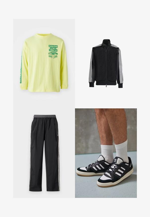 Sort meshjakke med lynlås foran, med ensfarvede sorte ærmer og tre hvide striber langs armene. Ribbet manchetter og kant.; Gul langærmet skjorte i bomuld med grønt grafisk tryk på brystet og ærmet med teksten "MANASTASH SPORTS COMMITTEE." Rundet hals.; Sorte træningsbukser i letvægtsstof med justerbar talje og hvide sidelister. Løs pasform med en glat overflade.; Sorte og hvide sneakers med en overdel i ruskind og læder, der har tre hvide striber, en perforeret tå og en sål i gummigummi.