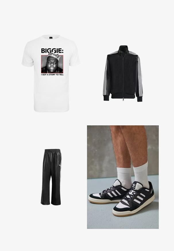 Sort meshjakke med lynlås foran, med ensfarvede sorte ærmer og tre hvide striber langs armene. Ribbet manchetter og kant.; Hvid bomuld t-shirt med et sort-hvidt grafik af en mand iført en krone, med "BIGGIE:" og "I GOT A STORY TO TELL" i fed sort tekst nedenfor.; Sorte syntetiske træningsbukser med elastisk talje, prydet med hvide side-striber og et lille hvidt logo på venstre hofte.; Sorte og hvide sneakers med en overdel i ruskind og læder, der har tre hvide striber, en perforeret tå og en sål i gummigummi.