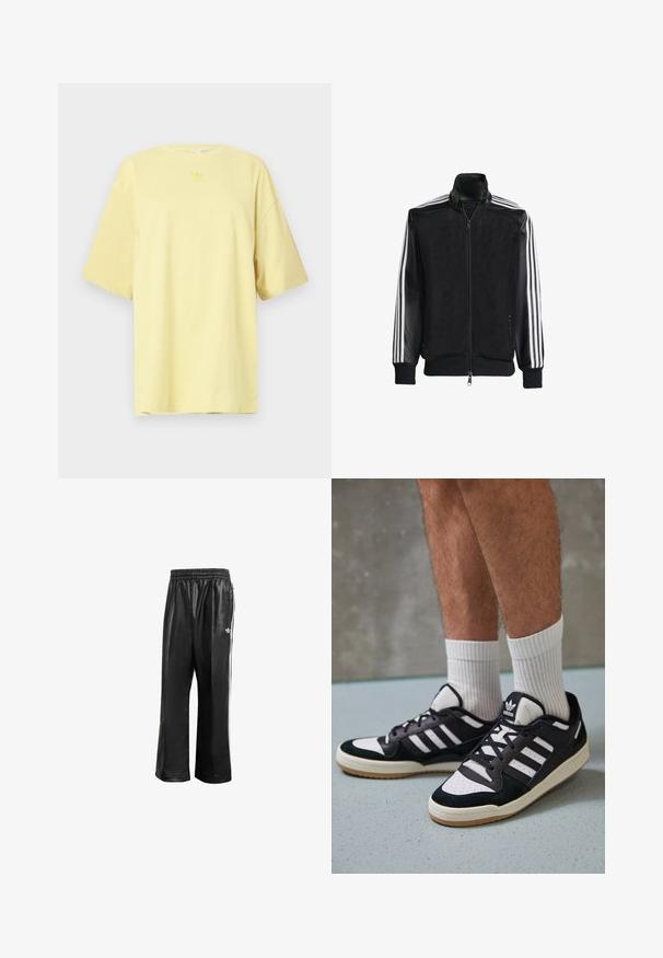 Melna režģa jakas ar rāvējslēdzēja priekšpusi, kam ir viendabīgas melnas piedurknes un trīs baltas svītras gar rokām. Ribota aproce un apakša.; Dzeltena kokvilnas t-kreklu ar apaļu izgriezumu un īsām piedurknēm. Uz krūšu ir mazs, tonāls logo. Vienkāršs, brīvs piegriezums.; Melnas sintētiskas sporta bikses ar elastīgu jostasvietu, ar baltām sānu svītrām un mazu baltu logo kreisajā gurnā.; Melnas un baltas kedas ar zamša un ādas augšdaļu, kas aprīkotas ar trim baltām svītrām, perforētu purngali un gumijas zolēm.