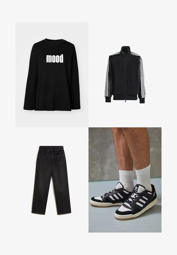 Musta verkkomantteli, jossa on vetoketjulla suljettava etuosa, mustat hihat ja kolme valkoista raitaa käsivarsilla. Ribbaatut hihansuut ja helma.; Mustat pitkähihaiset t-paidat, jotka on valmistettu puuvillasta, pyöreällä pääntiellä ja suurella valkoisella "mood"-grafiikalla edessä. Rentoa istuvuutta.; Vans SIRELLE POCKET PUDDLE - Relaxed fit -farkut - black; Valkoiset ja mustat tennarit, joissa on mokkanahka- ja nahkapäällinen, kolme valkoista raitaa, rei'itetty kärki ja kumipohja.