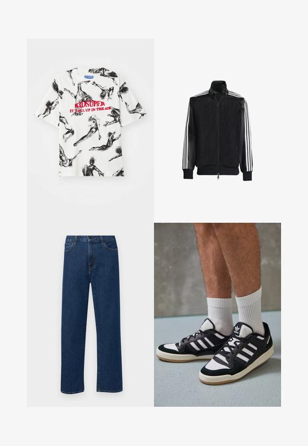 Juodas permatomas džemperis su užtrauktuku priekyje, turintis vientisas juodas rankoves ir tris baltas juostas ant rankų. Raukšlėtos rankogaliai ir apatinė dalis.; Balta trumpa rankovė T-marškiniai su juodu piešiniu, vaizduojančiu judančius figūras, o centre raudonais žodžiais „KIDSUPER IT'S ALL UP IN THE AIR“. ; Tamsiai mėlynos tiesaus žandikaulio džinsai su priekinėmis kišenėmis ir mygtuko uždarymu, rodantys ant paprasto balto fono.; Juodos ir baltos sportinės bateliai su zomšiniu ir odiniu viršumi, su trimis baltomis juostelėmis, perforuota koja ir guminėmis padais.