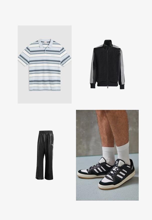 Jaqueta de malha preta com fecho zip, apresentando mangas pretas sólidas e três riscas brancas ao longo dos braços. Punhos e bainha canelados.; Polo azul claro com riscas horizontais em azul escuro, azul-marinho e branco. Possui colarinho, mangas curtas e um pequeno logótipo no peito.; Calças de treino sintéticas pretas com um cós elástico, apresentando riscas laterais brancas e um pequeno logótipo branco no quadril esquerdo.; Ténis em preto e branco com upper em camurça e couro, apresentando três riscas brancas, um toe perfurado e uma sola em borracha de goma.