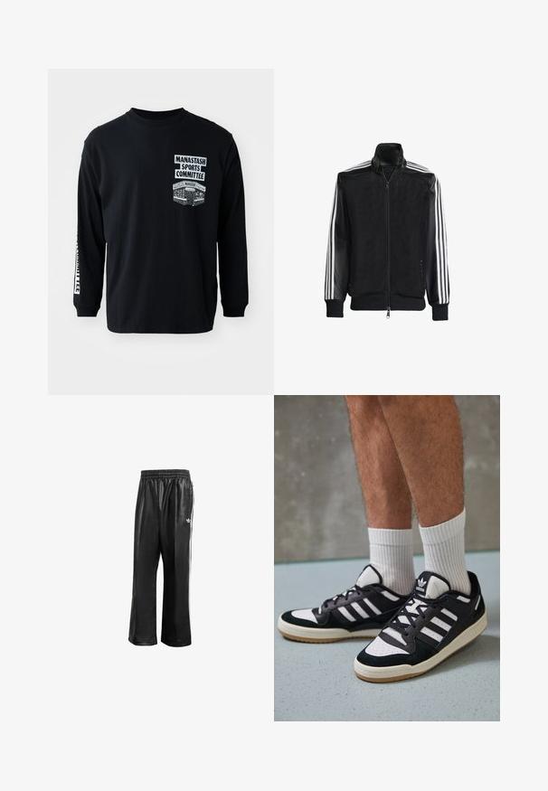 Črna mrežasta jakna z zadrgo spredaj, s trdnimi črnimi rokavi in tremi belimi črtami vzdolž rokavov. Rebrasti robovi in spodnji del.; Črni dolg rokav majica s krožnim izrezom. Ima bele natisnjene grafike: "Manastash Sports Committee" in obliko na levi prsni strani.; Črne sintetične športne hlače z elastičnim pasom, z belimi stranskimi črtami in s majhnim belim logotipom na levem kolku.; Črno-bele superge z zgornjim delom iz usnja in nubuka, ki imajo tri bele črte, perforiran vrh prstov in podplat iz gume.