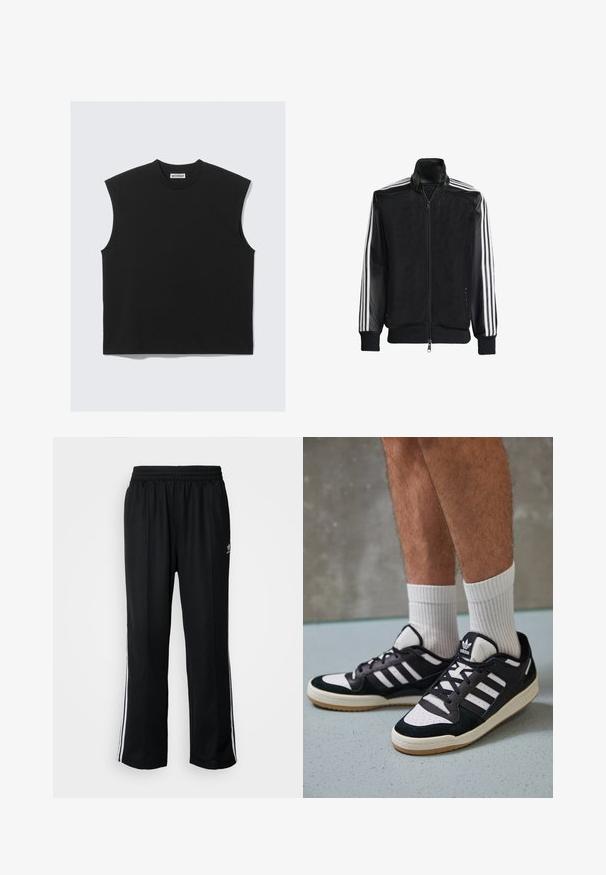 Schwarze Mesh-Jacke mit Reißverschluss vorne, die aus einem einfarbigen schwarzen Ärmeln und drei weißen Streifen an den Armen besteht. Gerippte Bündchen und Saum.; Schwarzes ärmelloses Top aus weichem Baumwollstoff, mit einem runden Ausschnitt und einer kastigen Silhouette mit klaren Kanten.; Schwarze Sporthosen mit elastischem Bund, ausgestattet mit weißen Seitenstreifen und einem kleinen Logo. Das Material wirkt weich und leicht.; Schwarz-weiße Sneaker mit einem Obermaterial aus Wildleder und Leder, ausgestattet mit drei weißen Streifen, einer perforierten Zehenpartie und einer Sohle aus Gummi.