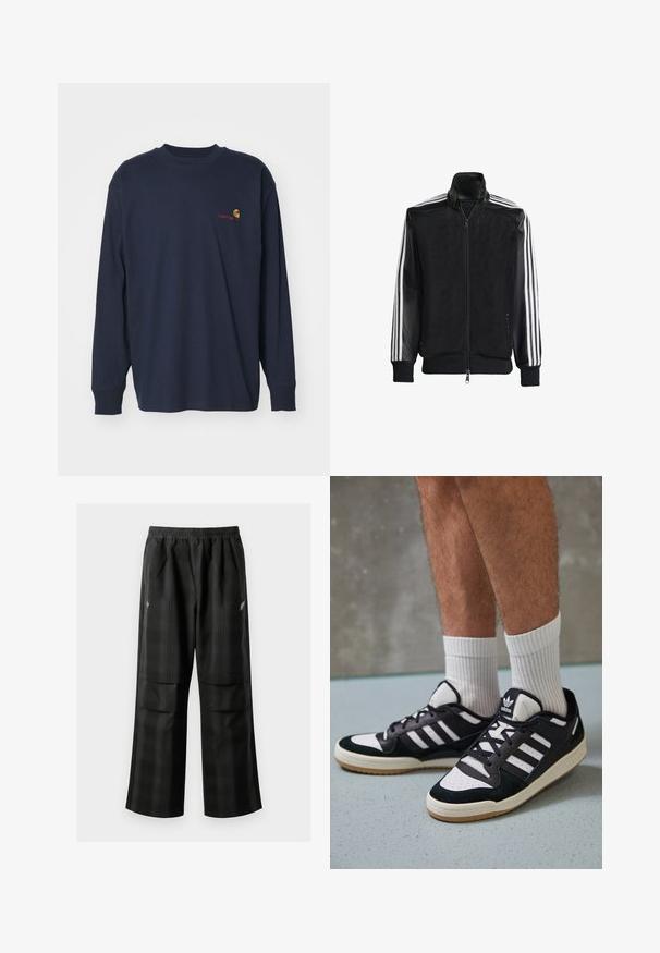 Jachetă din plasă neagră, cu fermoar față, având mâneci negre solide și trei dungi albe pe brațe. Manșete și tiv cu nervuri.; Carhartt WIP AMERICAN SCRIPT - Bluză cu mânecă lungă - air force blue; Pantaloni cu un model carourile negre, având talie elastică, două buzunare frontale și un croi lejer cu picioare drepte. Construiți dintr-un material ușor.; Adidași negri și albi cu un superior din suede și piele, prevăzuți cu trei dungi albe, un vârf perforat și o talpă din cauciuc caramel.