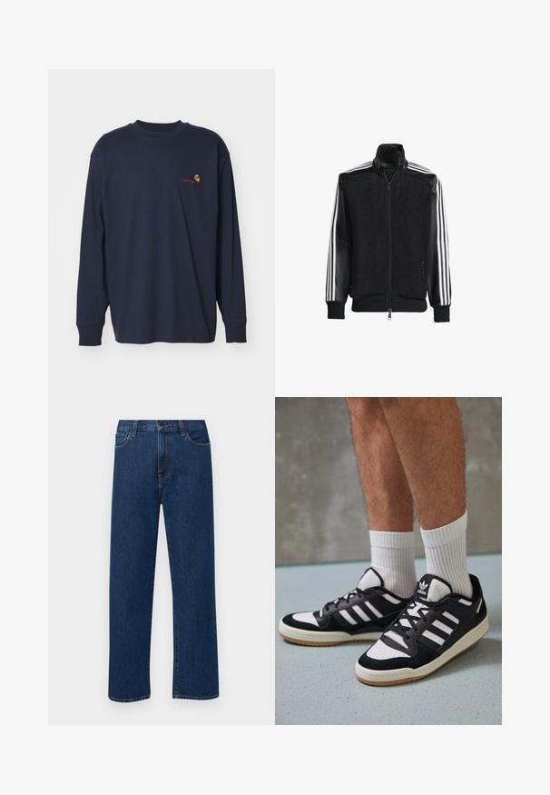 Svart mesh-jakke med glidelås foran, med solide svarte ermer og tre hvite striper langs armene. Ribbestrikkede mansjetter og nederkant.; Carhartt WIP AMERICAN SCRIPT - Topper langermet - air force blue; Mørkeblå rette jeans i denim med frontlommer og knappelukking, vist på en enkel hvit bakgrunn.; Sorte og hvite sneakers med overdel i semsket skinn og lær, med tre hvite striper, perforert tå og en såle av gummi.