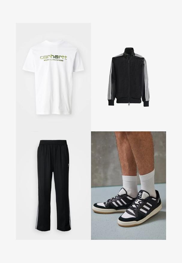 Black mesh jacket with a zip front, featuring solid black sleeves and three white stripes along the arms. Ribbed cuffs and hem.; White cotton t-shirt featuring green printed text "carhartt. WORK IN PROGRESS" across the chest. Short sleeves and a classic crew neck design.; Black athletic pants with an elastic waistband, featuring white side stripes and a small logo. Material appears soft and lightweight.; Black and white sneakers with a suede and leather upper, featuring three white stripes, a perforated toe, and a gum rubber sole.