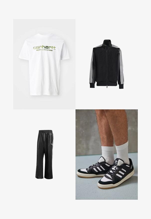 Musta verkkomantteli, jossa on vetoketjulla suljettava etuosa, mustat hihat ja kolme valkoista raitaa käsivarsilla. Ribbaatut hihansuut ja helma.; Valkoinen puuvillapaita, jossa on vihreä painettu teksti "carhartt. WORK IN PROGRESS" rintakehällä. Lyhyet hihat ja klassinen pyöreä kaula-aukko.; Mustat synteettiset juoksuhousut, joissa on joustava vyötärö, valkoiset sivusuunnassa olevat raidat ja pieni valkoinen logo vasemmassa lantiossa.; Valkoiset ja mustat tennarit, joissa on mokkanahka- ja nahkapäällinen, kolme valkoista raitaa, rei'itetty kärki ja kumipohja.