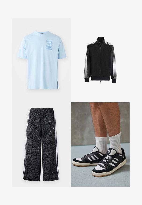 Μαύρο τζάκετ από δίχτυ με φερμουάρ μπροστά, με συμπαγή μαύρα μανίκια και τρεις λευκές ρίγες κατά μήκος των χεριών. Ριμπέ μανσέτες και στρίφωμα.; Ellesse TROPICOSA TEE - Μπλουζάκι με στάμπα - light blue; adidas Originals GRAPHIC UNISEX - Παντελόνι φόρμας - black; Μαύρα και λευκά αθλητικά παπούτσια με άνω μέρος από σουέτ και δέρμα, featuring τρεις λευκές ρίγες, περατά δάχτυλα και σόλα από καουτσούκ τύπου γκαστ.