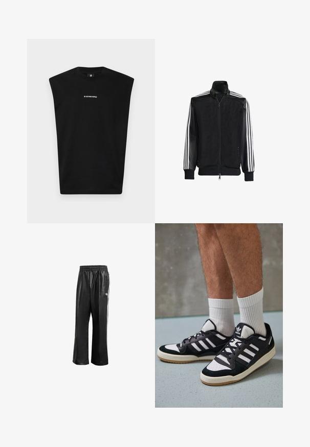 Veste en maille noire avec fermeture éclair à l'avant, présentant des manches noires unies et trois rayures blanches le long des bras. Poignets et ourlet côtelés.; T-shirt sans manches noir en coton, avec un col rond et le logo blanc "G-STAR RAW" sur le devant. Texture lisse, coupe décontractée.; Pantalons de sport synthétiques noirs avec une taille élastique, dotés de rayures blanches sur les côtés et d'un petit logo blanc sur la hanche gauche.; Baskets noir et blanc avec une tige en suède et cuir, comportant trois rayures blanches, un bout perforé et une semelle en caoutchouc gum.