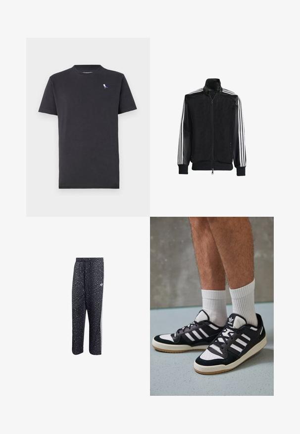 Jaqueta de malha preta com fecho zip, apresentando mangas pretas sólidas e três riscas brancas ao longo dos braços. Punhos e bainha canelados.; T-shirt de algodão preto com decote redondo e mangas curtas, apresentando um pequeno logótipo de pássaro multicolorido no lado esquerdo do peito.; Calças atléticas pretas com um padrão de estampa de leopardo, apresentando um design de três riscas brancas e um logotipo de marca atlética na lateral.; Ténis em preto e branco com upper em camurça e couro, apresentando três riscas brancas, um toe perfurado e uma sola em borracha de goma.